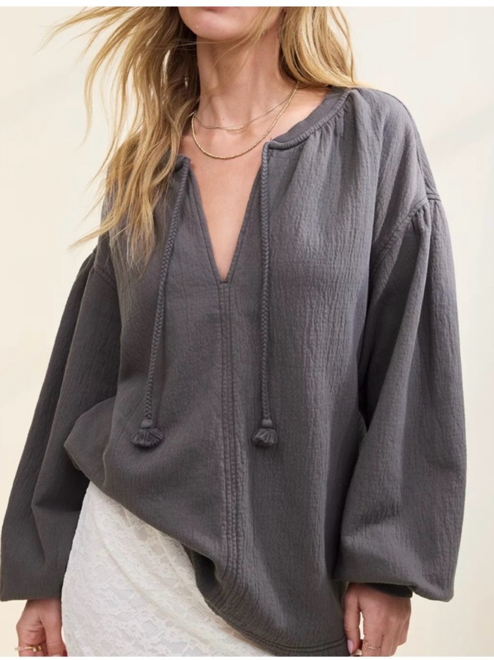 Aerie Charcoal Textured Oversized V-Neck Pullover with Tassel Ties NEW